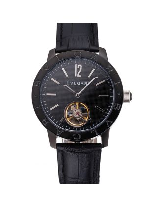 Bvlgari Tourbillon Black Dial Black Case Black Leather Strap
