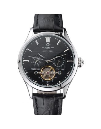 Patek Philippe Day Date Tourbillon Black Dial Stainless Steel Case Black Leather Strap 622839