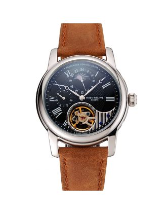 Patek Philippe Grand Complications GMT Moonphase Tourbillon Black Dial Stainless Steel Case Brown Suede Leather Strap 1453822