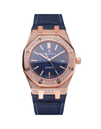 Swiss Audemars Piguet Royal Oak Blue Dial Gold Case With Diamonds Blue Leather Strap