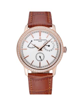 Vacheron Constantin Patrimony Power Reserve White Dial Gold Diamond Case Brown Leather Bracelet 1454268