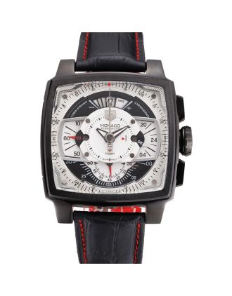 Tag Heuer Monaco Black-Red Perforated Leather Strap White Dial 80307
