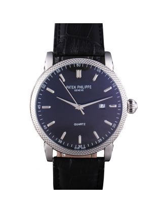 Patek Philipe Calatrava Stainless Steel Ribbed Bezel Black Leather Bracelet 801431