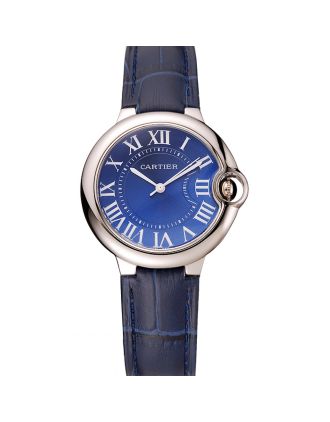 Cartier Ballon Bleu Silver Bezel with Dark Blue Dial and Dark Blue Leather Band 621555