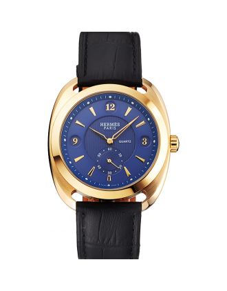 Hermes Dressage Blue Dial Gold Case Black Leather Strap