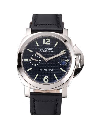 Panerai Luminor Marina Date Black Hobnail Pattern Dial Stainless Steel Case Black Leather Strap