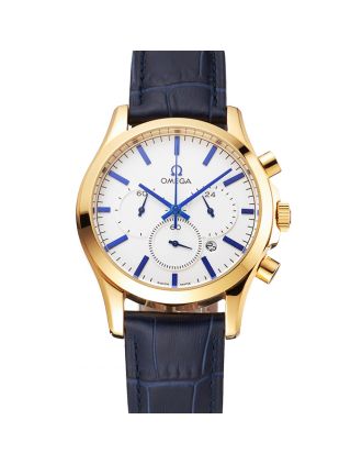 Omega Chronograph White Dial Gold Case Blue Leather Strap