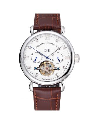 Vacheron Constantin Traditionnelle Tourbillon White Dial Diamond Numerals Brown Leather Bracelet 1454064