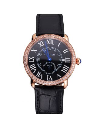 Cartier Ronde Louis Cartier Black Dial Gold Case Diamond Bezel Black Leather Strap