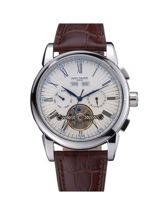 Patek Philippe Grand Complications Stainless Steel Case White Dial Roman Numerals Brown Leather Strap 622254