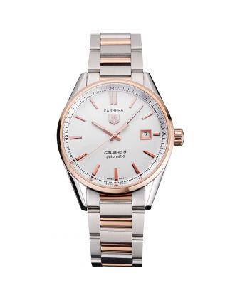 Swiss Tag Heuer Carrera Calibre 5 White Dial Rose Gold Case Two Tone Bracelet