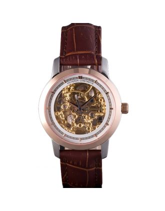 Vacheron Constantin White Skeleton Watch with Rose Gold Bezel and Brown Leather Strap 621539