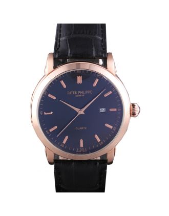 Patek Philipe Calatrava Roze Gold Polished Bezel Black Leather Bracelet 801432
