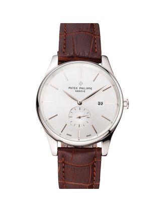 Patek Philippe Calatrava Date Silver Dial Stainless Steel Case Brown Leather Strap