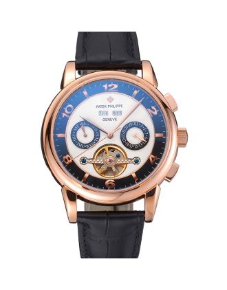 Patek Philippe Perpetual Calendar Tourbillon Two Tone Dial Rose Gold Case Black Leather Strap