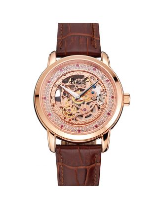 Swiss Piaget Altiplano Rose Gold Skeleton Dial With Diamonds Rose Gold Case Brown Leather Strap