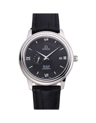 Omega De Ville Prestige Co-Axial Black Dial Silver Case Black Leather Strap Roman Numeral