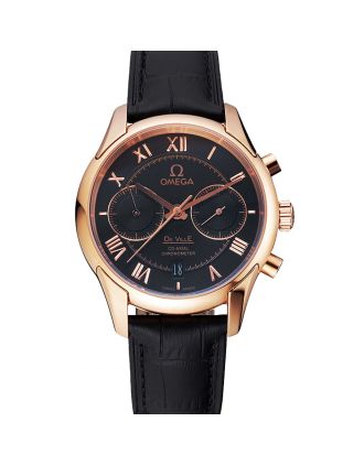 Omega DeVille Rose Gold Bezel with Black Dial and Black Leather Strap 621569