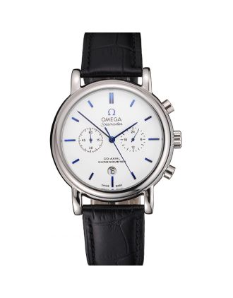 Omega Seamaster Vintage Chronograph White Dial Blue Hour Marks Stainless Steel Case Black Leather Strap