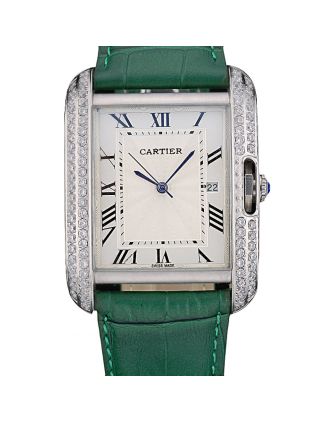 Cartier Tank Anglaise 36mm White Dial Diamonds Steel Case Green Leather Bracelet