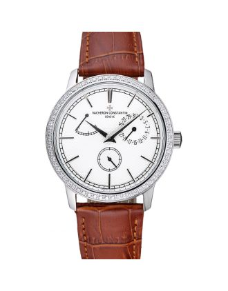 Vacheron Constantin Patrimony Power Reserve White Dial Silver Diamond Case Brown Leather Bracelet 1454266