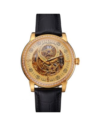 Swiss Patek Philippe Complications Openworked Dial Gold Case Diamond Bezel Black Leather Strap