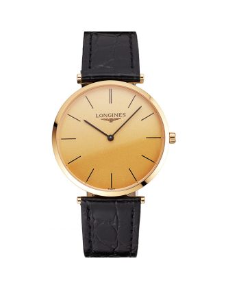 Swiss Longines Grande Classique Gold Dial Gold Case Black Leather Strap