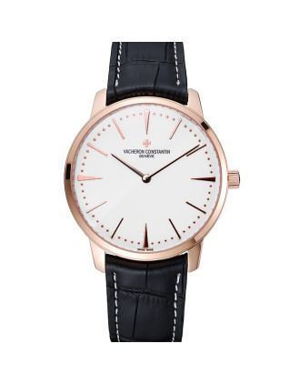 Swiss Vacheron Constantin Patrimony White Dial Rose Gold Case Black Leather Bracelet 1454165