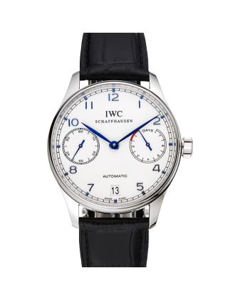Swiss IWC Portuguese White Dial Blue Numerals Silver Case Black Leather Bracelet 1453913
