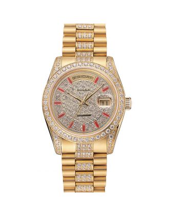 Swiss Rolex Day-Date Red Diamond Pave Dial Gold Diamond Bracelet 1453960
