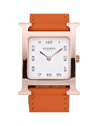 Hermes Heure H Rose Gold Bezel Orange Leather Strap White Dial 80234
