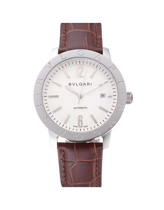 Bvlgari Novelties White Dial Silver Case Brown Leather Strap