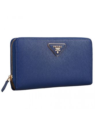 Prada Vernice Saffiano Leather Zip Around Dark Blue Wallet