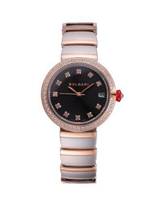 Bvlgari Lvcea Black Dial Diamond Hour Markings Rose Gold Case With Diamonds Two Tone Bracelet