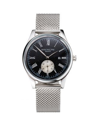 Patek Philippe Calatrava Small Seconds Black Engraved Dial Stainless Steel Case And Bracelet