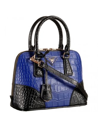 Prada Promenade Black And Blue Small Crocodile Bag