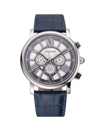Cartier Rotonde Chronograph Black And White Dial Stainless Steel Case Blue Leather Strap