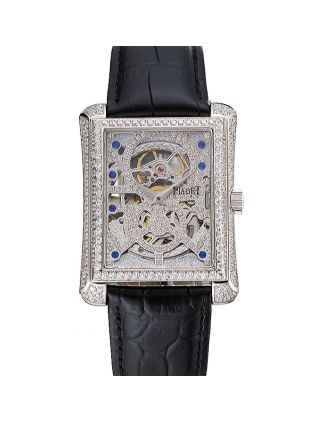 Swiss Piaget Emperador Tourbillon Skeleton Silver Diamond Case Black Leather Bracelet 1453943