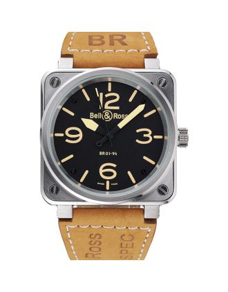 Bell and Ross BR 01-92 Black Dial Silver Case Gold Numerals Brown Leather Strap