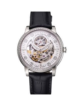 Swiss Patek Philippe Complications Openworked Dial Diamond Bezel Stainless Steel Case Black Leather Strap