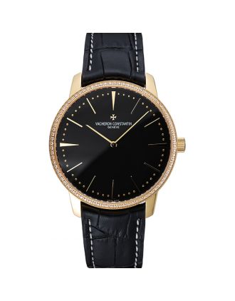 Swiss Vacheron Constantin Patrimony Grand Taille Black Dial Gold Diamond Case Black Leather Bracelet 1454183
