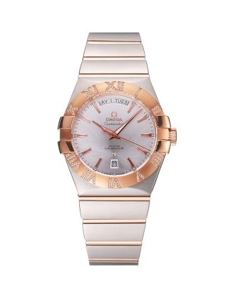 Swiss Omega Constellation White Dial Stainless Steel Case Rose Gold Bezel Two Tone Bracelet