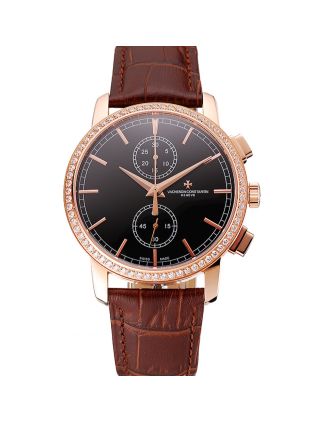 Swiss Vacheron Constantin Patrimony Traditionnelle Chronograph Black Dial Diamond Bezel Rose Gold Case Brown Leather Strap 1453765