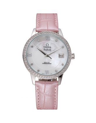 Omega DeVille Prestige Co-Axial Diamond Silver Case Mother-Of-Pearl Dial Pink Leather Strap