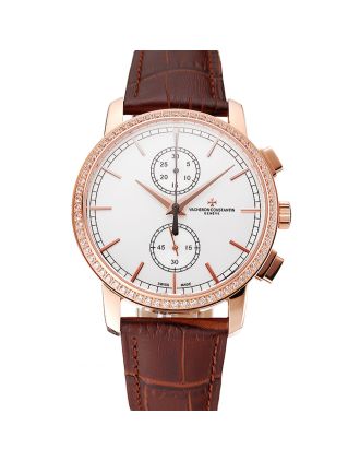 Swiss Vacheron Constantin Patrimony Traditionnelle Chronograph White Dial Diamond Bezel Rose Gold Case Brown Leather Strap 1453764