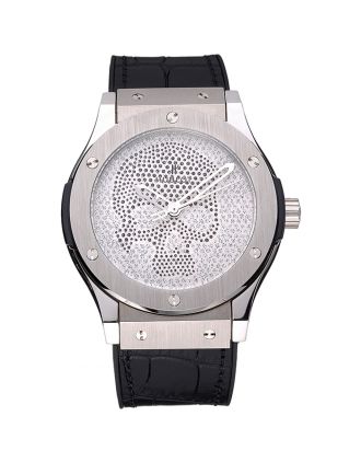Hublot Classic Fusion Diamond Skull Dial Stainless Steel Case Black Leather Strap 622814