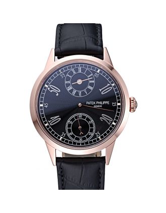 Patek Philippe Geneve Two Dial Black Dial Rose Gold Bezel Black Leather Band 622146