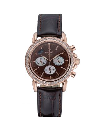 Omega De Ville Chronograph Brown Dial Gold Diamond Case Brown Leather Bracelet 622457