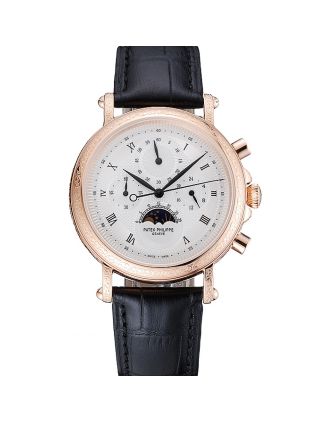 Patek Philippe Grand Complications White Dial Engraved Rose Gold Case Black Leather Bracelet 1454144