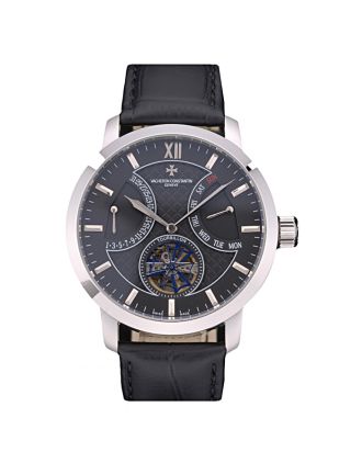 Vacheron Constantin Tourbillon Black Dial Stainless Steel Case Black Leather Bracelet